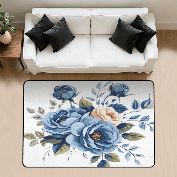 CURLYOOT Elegant Blue Roses Flower Area Rug 3x5 Ft Rugs for Entryway Entrance Kitchen, Washable Non Slip Indoor Floor Carpet for Bedroom Living Room