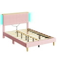 thumbnail image 4 of Bestier Full Size Bed Frame Upholstered Platform Bed with LED Light & Adjustable Storage Headboard for Bedroom, Pink, 4 of 10