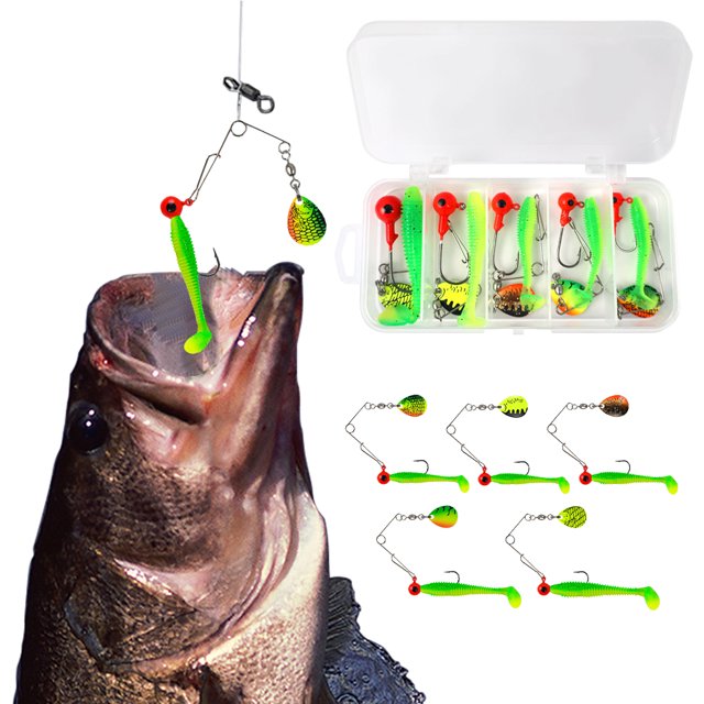Kit señuelos pesca blandos Hugtrwg 5 uds con anzuelo Cabeza Plomada Metal y Cuchara giratoria