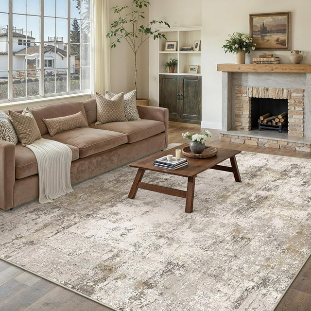 x Washable Area Rug for Living Room Bedroom Cream Neutral Carpet Low Pile Soft Thin Tapis Salon Abstract Modern Vacuumable Lightweight Large Throw Rug for Dining Room Kitchen