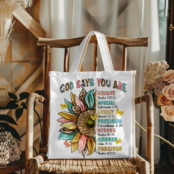 Christian Canvas Tote Bag for Women | God Says You Are Sunflower Design | Bible Verse Religious Gift Tote Bag | Faith-Inspired Tote for Church, Shopping & Everyday Use