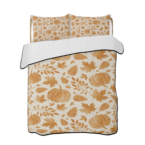 Quilts Queen Size Bedding Set, Thanksgiving Reversible Summer Quilt 3 Pieces, Retro Fall Harvest Pumpkin Cones Maple Leaf Lightweight Bedspreads Coverlets with 2 Pillow Shams for All Seasons