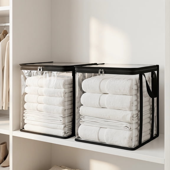 2 pcs Large Heavy-Duty Thick Plastic Clear Storage Bag for Clothes – Moving & Storage Organizer with Reinforced Handles, Foldable & Stackable, Transparent & Space-Saving
