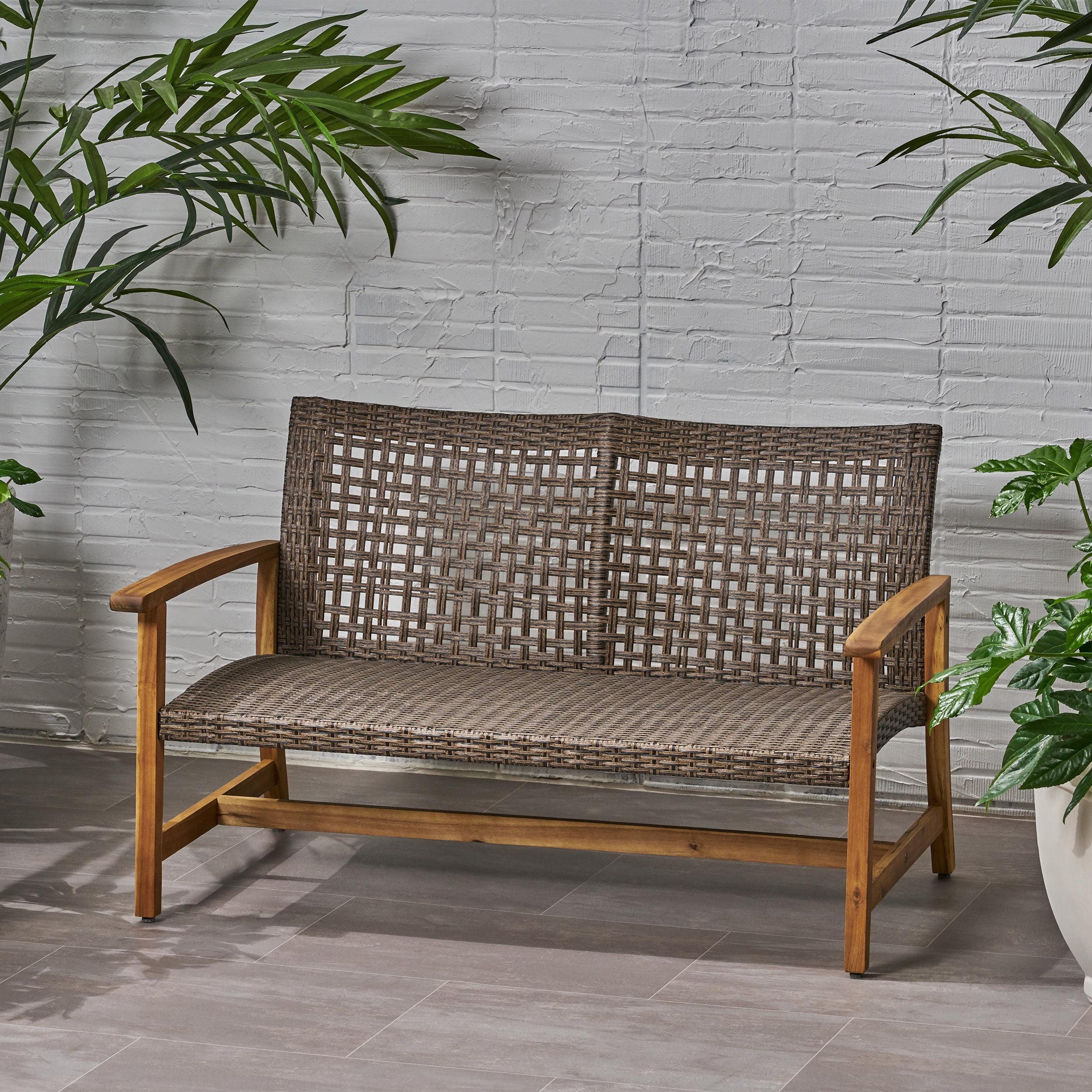 Outdoor Wood Woven Combined Double Seat Loveseat, Mixed Material Leisure Sofa for Patio Garden, Multi Brown and Gray