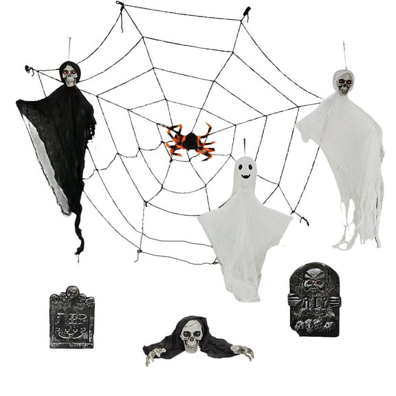 DECMAY Outdoor Halloween Decorations 8-Piece Set, Hanging Ghosts Decor and Cobweb and Gravestone with Lighted Up Eyes, Scary Swinging Ghost Flying for Yard Patio Lawn Garden