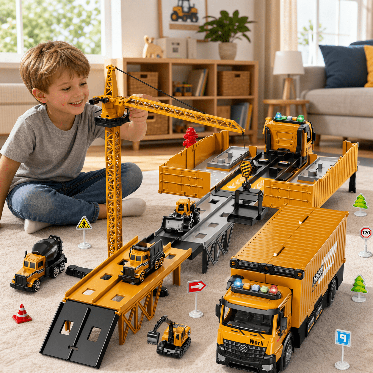 Lucky Doug Construction Truck Toy for Boys Age 3-6, Truck Set Include Launcher, Crane, Race Track, 4 Construction Vehicles - Dump truck, Cement Truck, Bulldozer, Excavator Toys for Kid 3- 6  Boy Gift