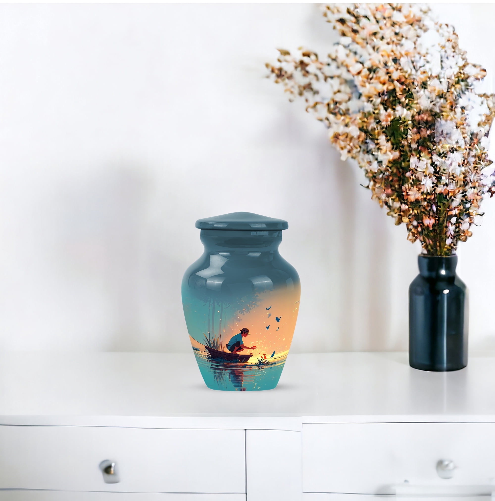 MUKTIVE Fishing Keepsake Urns for Ashes Adult Male & Male - Mini Burial Urns for Adult Human Ashes Remains - Fisherman Little Funeral Urn for Dad - 3 Inch