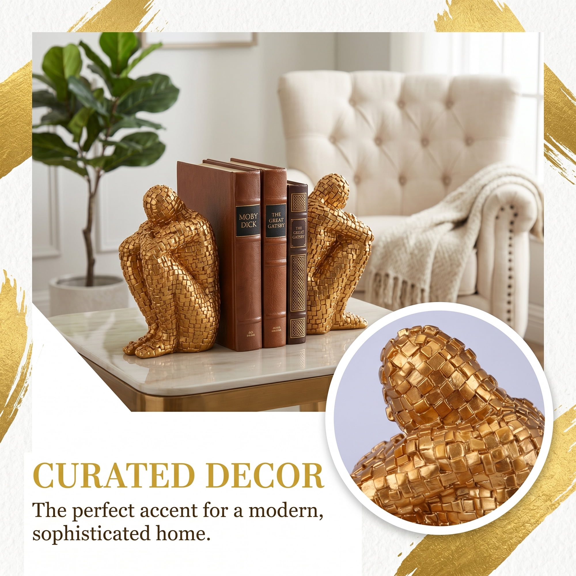 Unique Bargains Decorative Character Modern Figurine Book End Gold 4.1*2.6*7.9inch