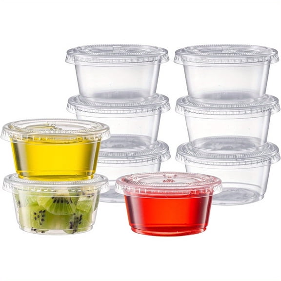 150 Pcs 2 oz Clear Disposable Plastic Portion Cups with Lids, Small Plastic Condiment Containers for Sauce, Salad Dressings and Portion Control