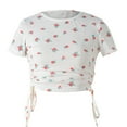 thumbnail image 3 of Floral Short Sleeve Shirt Women's Drawstring Navel Round Neck Top, 3 of 5