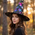 thumbnail image 6 of Halloween Shiny Glitter Satin Pointed Witch Hat with Wide Brim, Wizard Costume Accessory, Eye-catching Headwear for Halloween Party, Holiday Dress Up & Celebrations Black, 6 of 6
