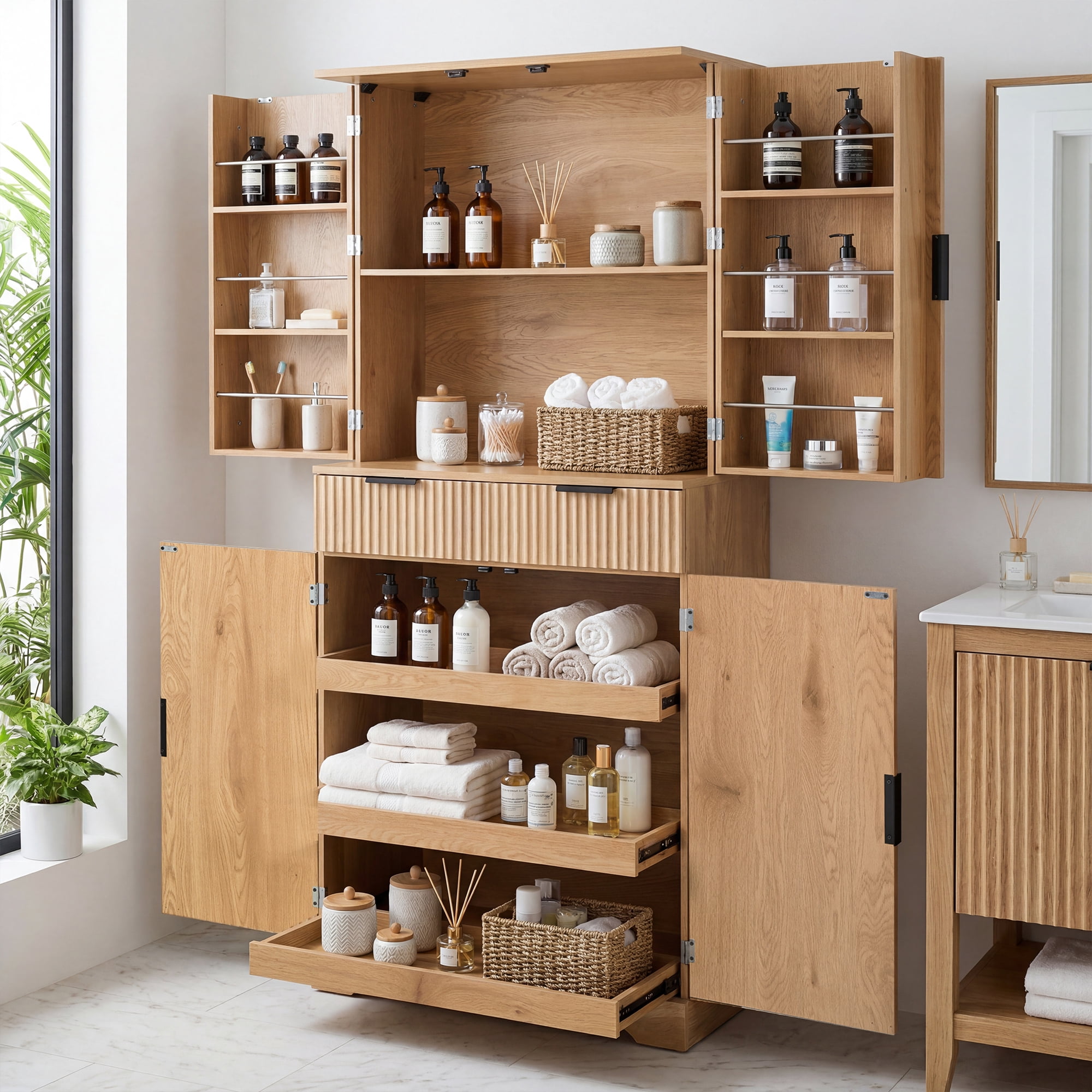 Mintazer 72" Fluted Freestanding Kitchen Pantry Storage Cabinet with 4 Door & Drawers, Large Storage Hutch with Spice Door Racks for Kitchen Dining Room Bathroom, Natural