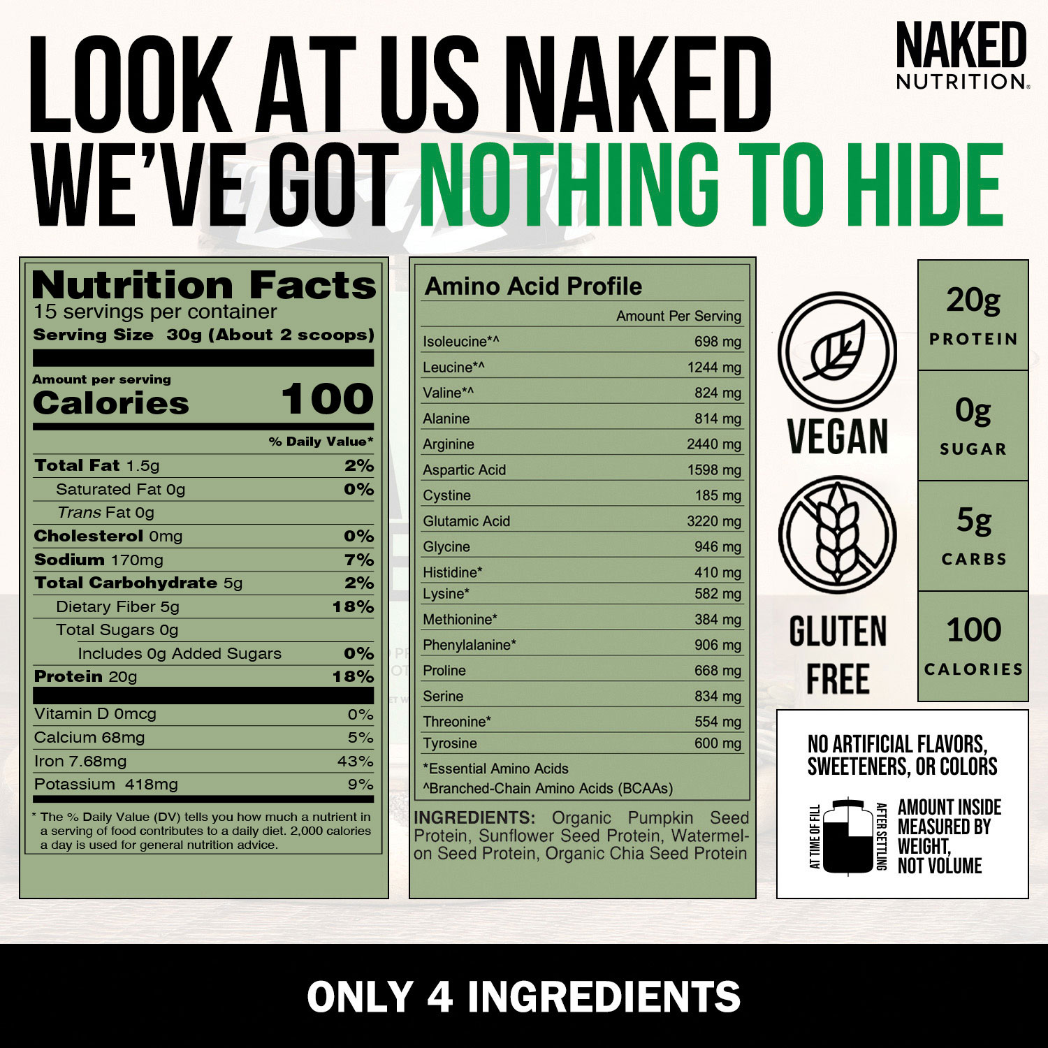 Naked Seed - 4 Seed Protein Powder, Only 4 Ingredients - Chia, Watermelon, Sunflower and Pumpkin Seed - Gluten-Free, Soy Free, Vegan, No Gmos, No Artificial Sweeteners - 15 Servings