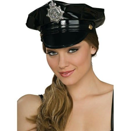 Deluxe Adult  Black Vinyl Police Hat with Badge