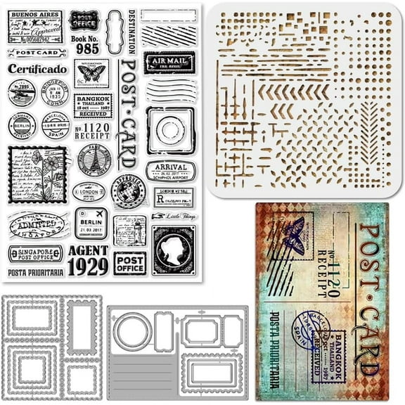 1set Vintage Postage Clear Stamps Metal Rectangle Frame Cutting Die Cuts PET Paint Craft Stencils for Card Making DIY Embossing Scrapbooking Craft Black