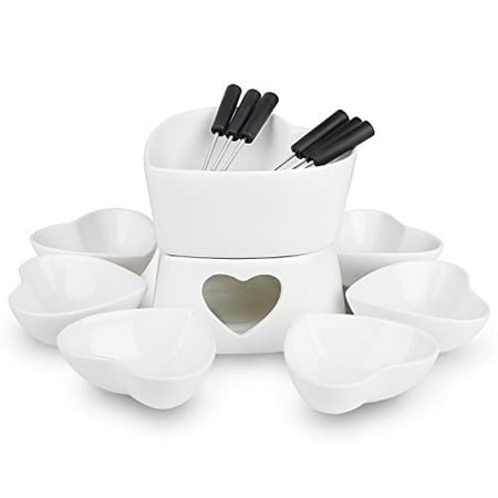 

[Bigger Size and Improved] Zen Kitchen Fondue Pot Set Glazed Ceramic Fondue Set for Chocolate Fondue or Cheese Fondue - Perfect Gift Idea for Housewarming or Birthday Gift (White)
