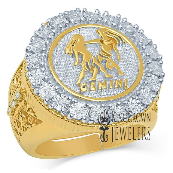 Mens Real Genuine Natural Diamonds Gemini Twins Zodiac Sign Astrology Horoscope Ring 10K Gold Finish Pinky Band