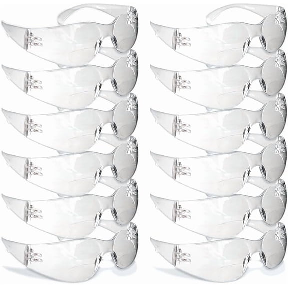 Safety Glasses with Readers - Clear | Polycarbonate Frame with UV400 Protection | Scratch Resistant Coating Bifocal Wrap Around Safety Glasses | 1.0-12PK