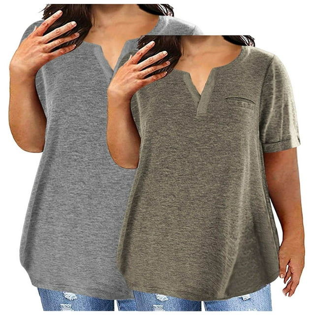 SwiftWear Plus Size Women's 2-Pack Solid Color V-Neck Blouse-Tee Set - Summer Casual Relaxed Fit Short Sleeve Tops with Mix & Match