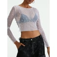 thumbnail image 3 of Biezeib Women T-shirt, Long Sleeve Crew Neck See-through Pearls Slim Fit Ladies Tops for Club Party, 3 of 6