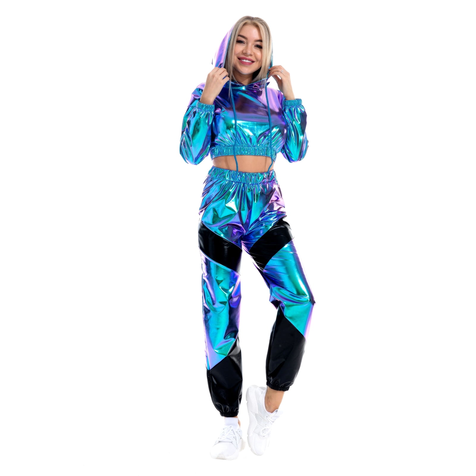 IBTOM CASTLE Women's Rave Outfit Shiny Crop Top Hoodie Casual Long Pants Hooded Workout Sweatshirt Dance Clubwear XL Holographic Blue
