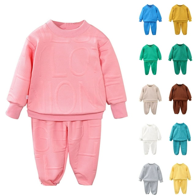 MKOSPLRT Kids Sweatsuits 2 Piece Set Solid Textured Workout Sets Crewneck Long Sleeve Sweatshirts Casual Sweatpants 2-11 Years
