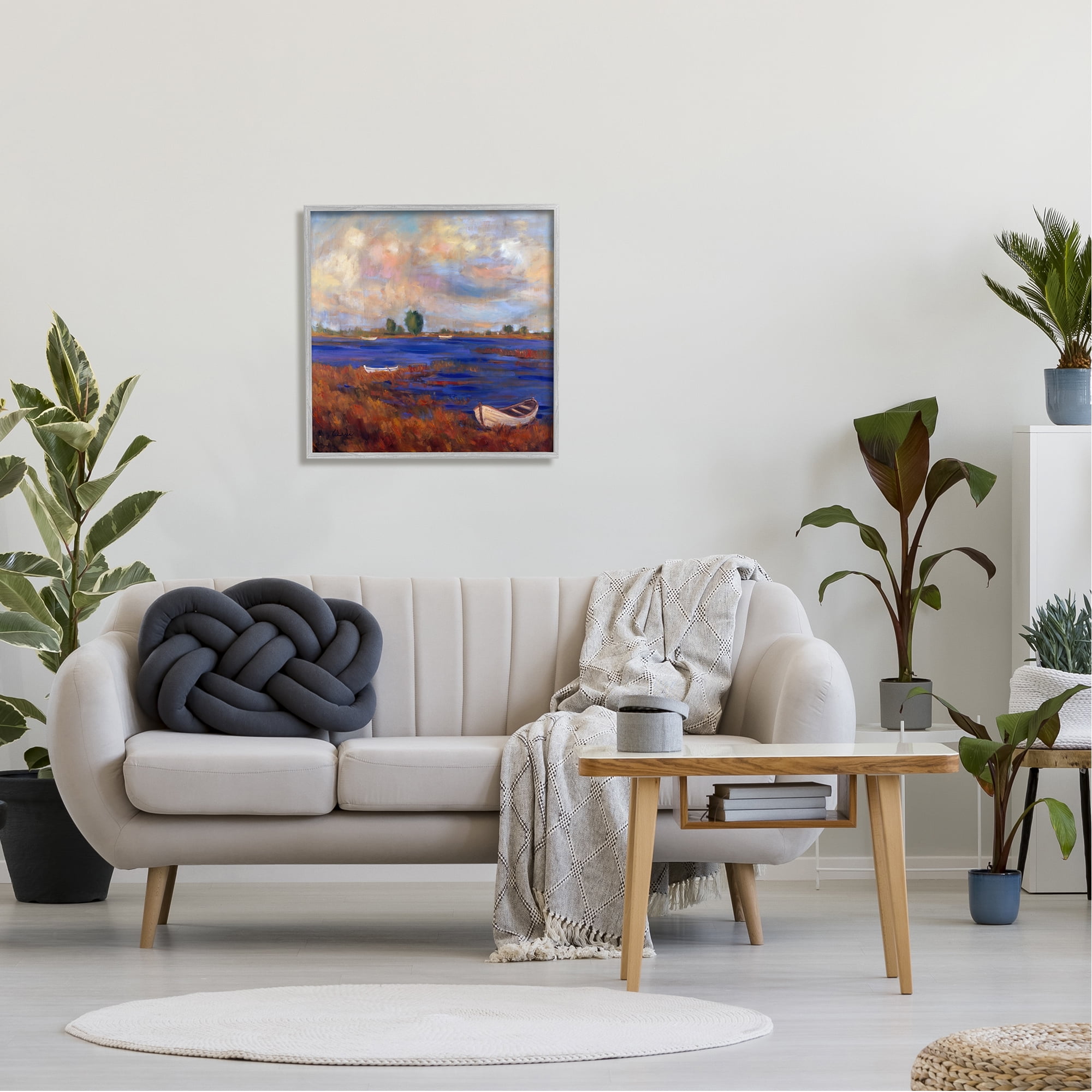 Stupell Industries Boats on Lake Shore Landscape Painting Gray Framed Art Print Wall Art, 24 x 24