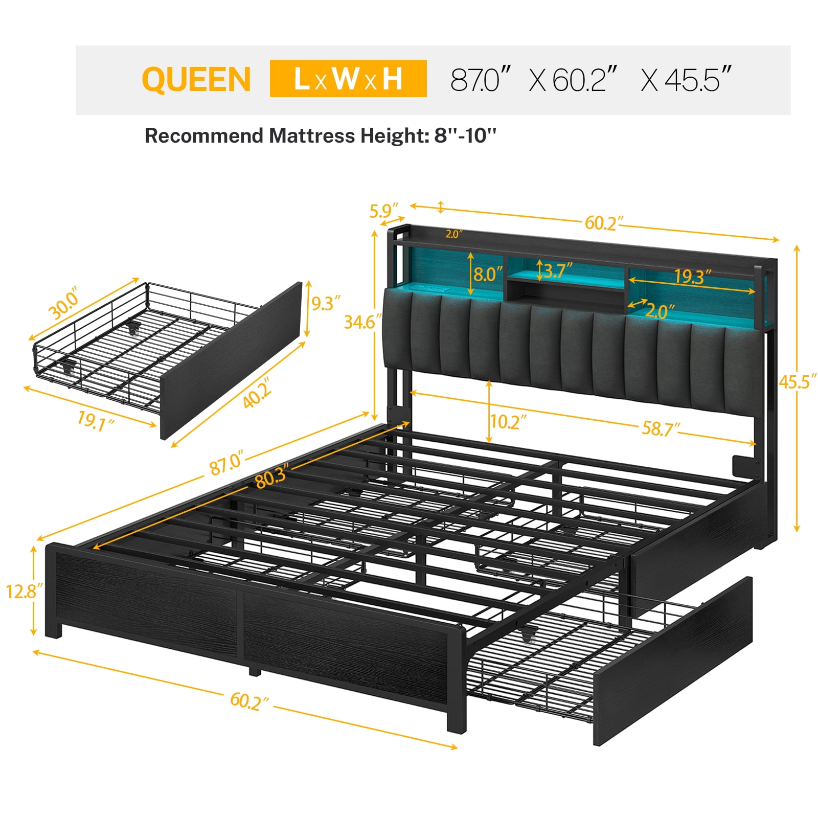TEENFON Queen Bed Frame with Charging Station & LED Lights, Bed Frame Queen Size with 4 Storage Drawers, Upholstered Headboard with Shelves, Black, Noise Free