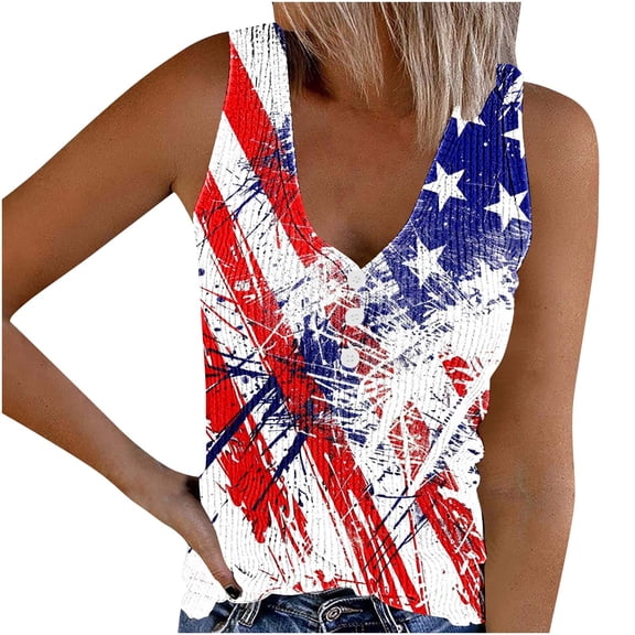 SELONE Tank Tops Women Memorial Day Plus Size Sleeveless V Neck Button Fourth of July Apparel Red White Blue Wear Clothes Gifts Activewear L