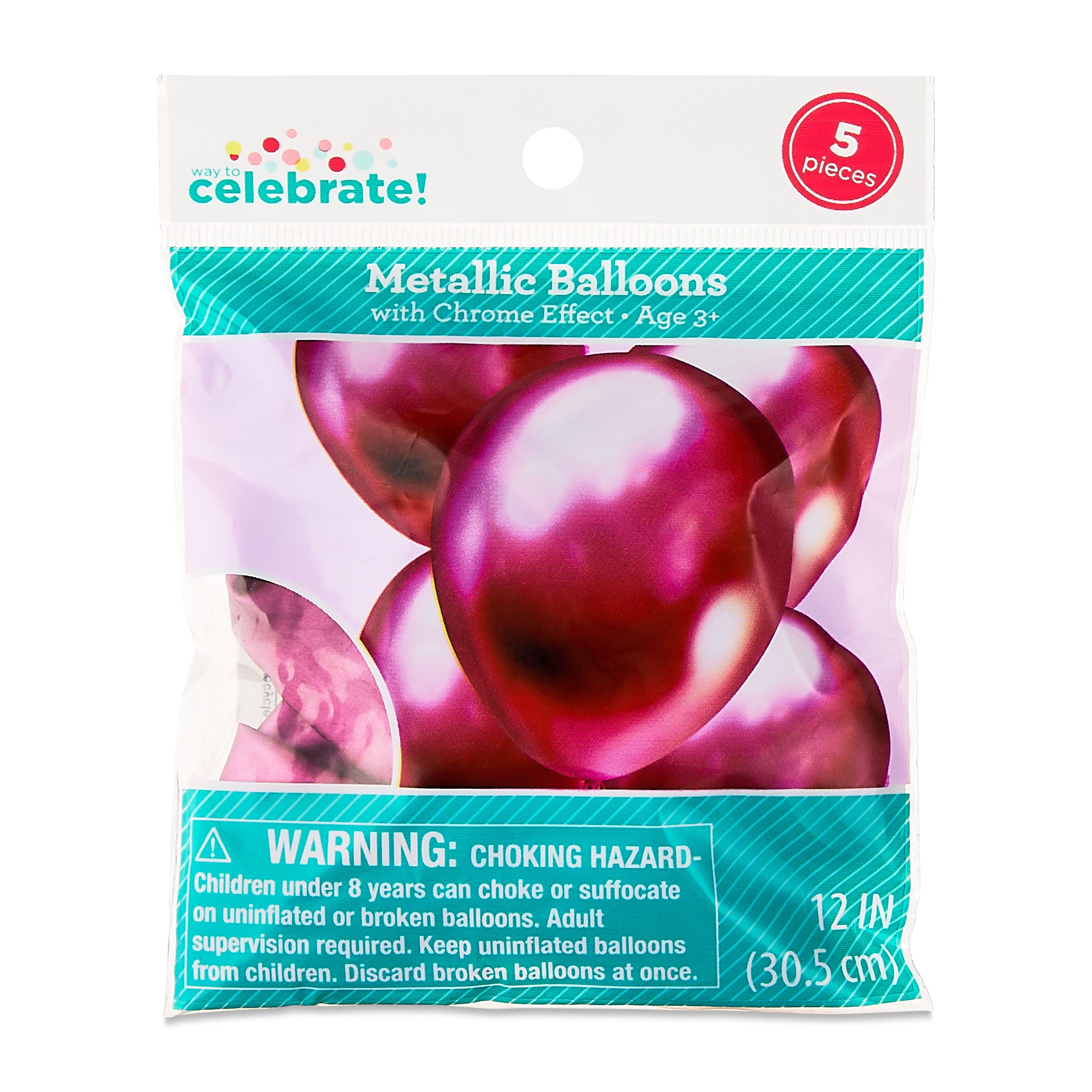 12" Pink Metallic Latex Balloons with Chrome Effect, 5 Pieces, by Way To Celebrate