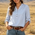 thumbnail image 4 of KyCheLot Women's Stripe Shirts Solid Color Button V Neck Rolled Half Sleeve Shirts Fashion Comfy Casual Blouses, 4 of 8