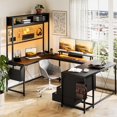 thumbnail image 4 of TROPOW U Shaped Desk with Monitor Stand and LED Lights, U Shaped Gaming Desk with Storage Shelves, Large Computer Desk with Power Outlets, Large Corner Office Desk with 4 Drawers,Black, 4 of 7