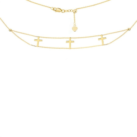 - 14K Yellow Gold Double Stranded Triple Cross Choker Necklace. Adjustable 10
