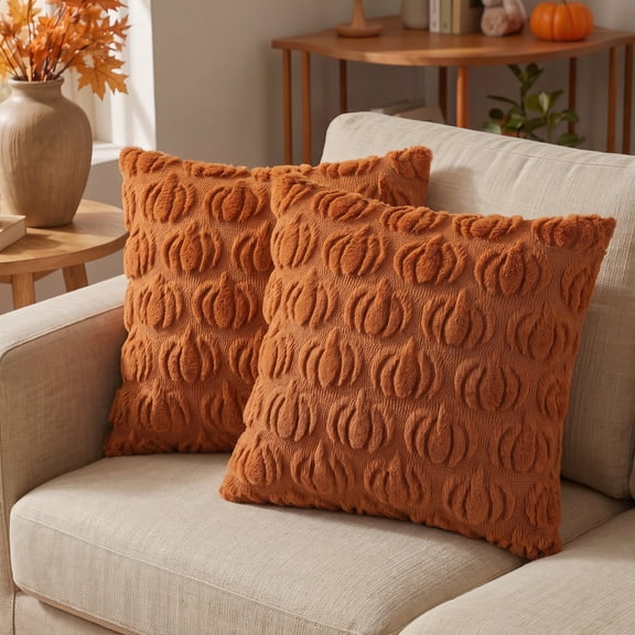 Ottowood Fall Pillow Covers 18x18 inch Set of 2, Autumn Rust Pumpkin Decorative Throw Pillow Cases, Soft Plush Faux Fur Wool Cushion Covers for Bedroom & Living Room, Farmhouse Fall Home Decor