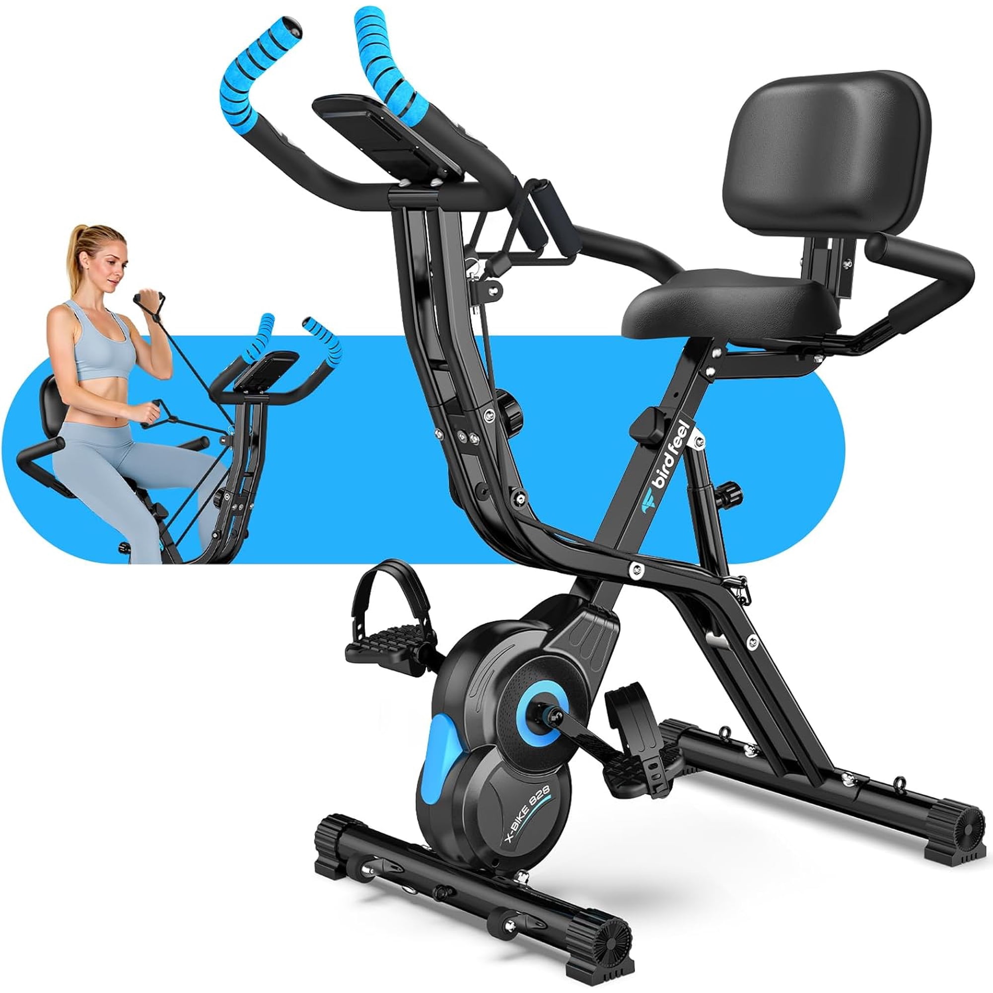 Foldable Exercise Bike, Multifunctional Indoor Stationary Bikes for Home with 8-Level Magnetic Resistance, Quiet Workout Bike with Arm Resistance Bands, LCD Monitor, 300LBS Capacity