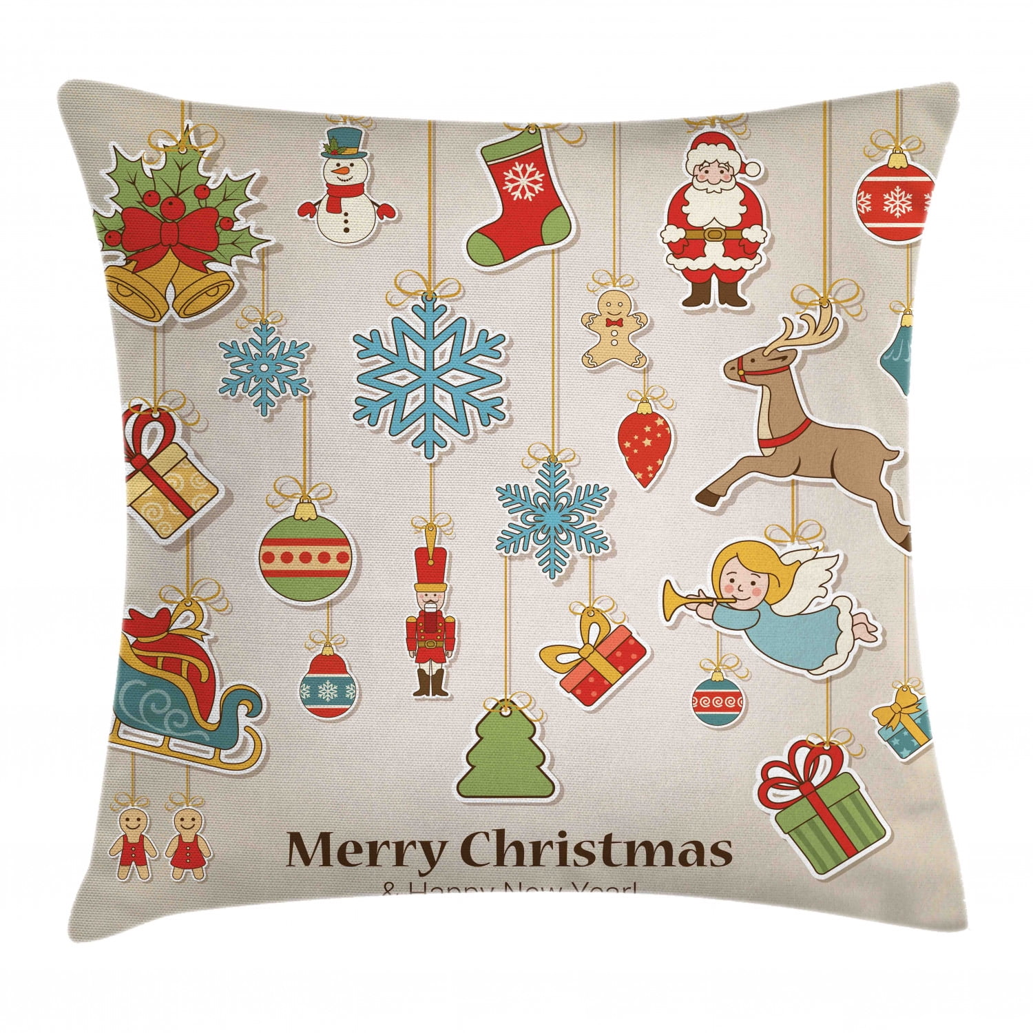 Christmas Throw Pillow Cushion Cover, Xmas Winter Holiday Themed Icons Celebratory Objects Retro