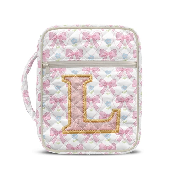 HELLHERO Quilted Zipper Pocket Bible Cover Case for Women, Handle Lightweight Elastic Polyester Bible Carrier Tote Bag Initial Letter L