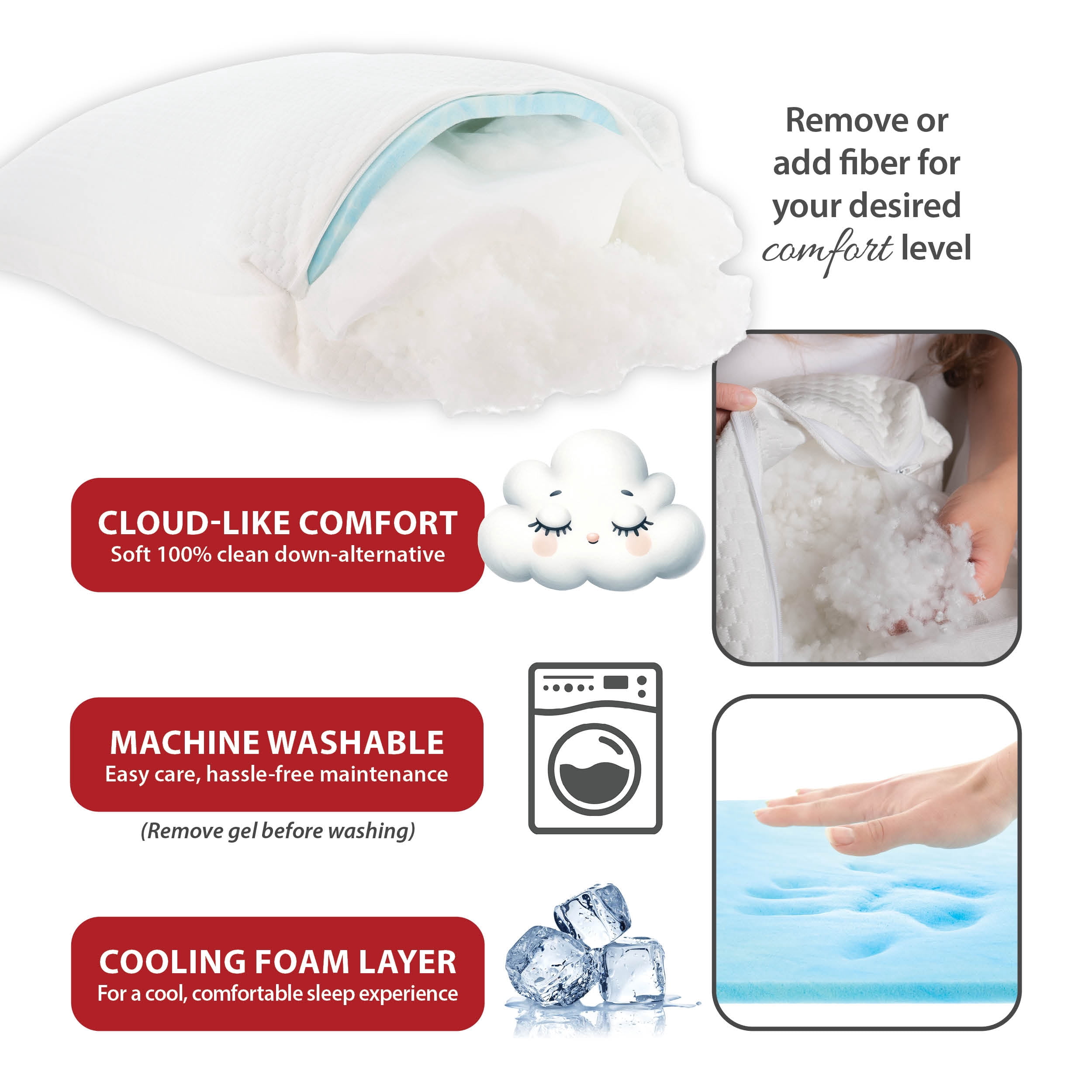 Core Products Adjustable Pillow - Customizable Loft with Alternative-Down Fill for Side, Back, or Stomach Sleeping; Cooling Gel Memory Foam Keeps You Cool and Comfortable - Standard Size