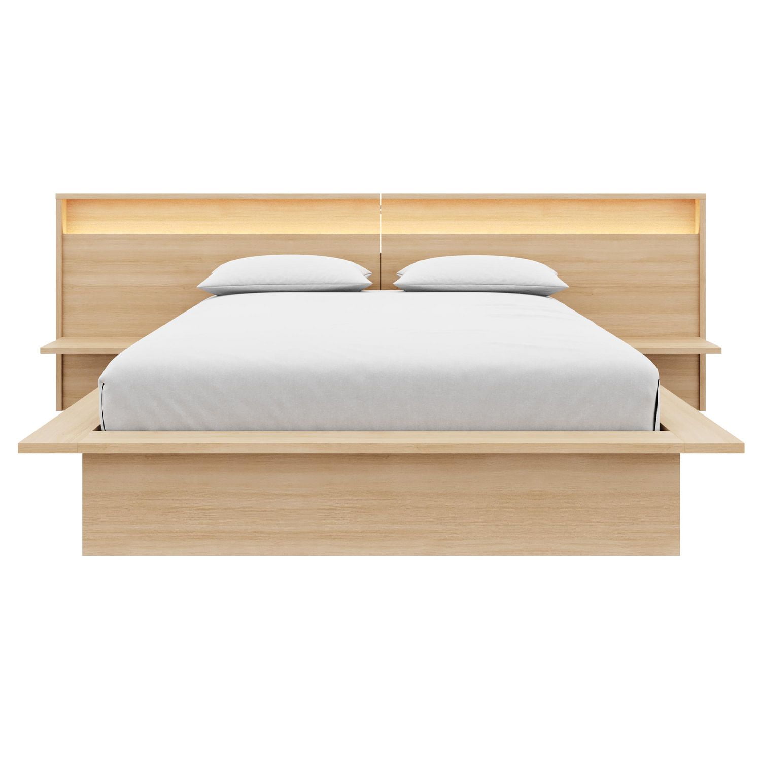 Monroe Queen Size Bedroom Set with Slatted Bedframe, Wide Headboard with Lights and Shelves