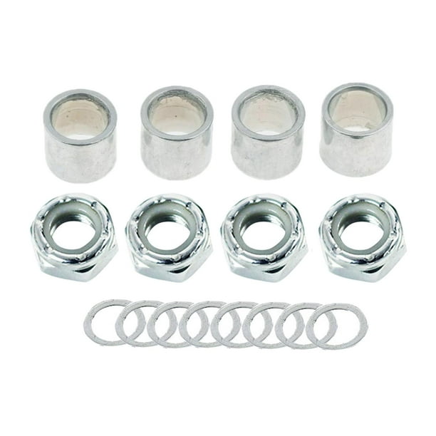 Kit de hardware para ejes de patineta de 16 piezas. Incluye 4 espaciadores y 4 tuercas de eje. Plata
