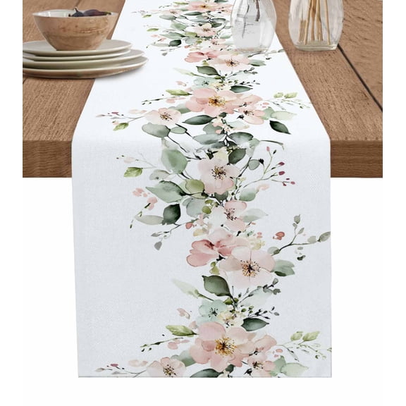 Floral Eucalyptus Leaves Table Runner Cotton Linen 48 Inch Holiday Dresser Scarves, Spring Summer Botanical Tablerunner for Kitchen Coffee Dining Bedroom Living Room Dinner Scarf Décor 13''x48''