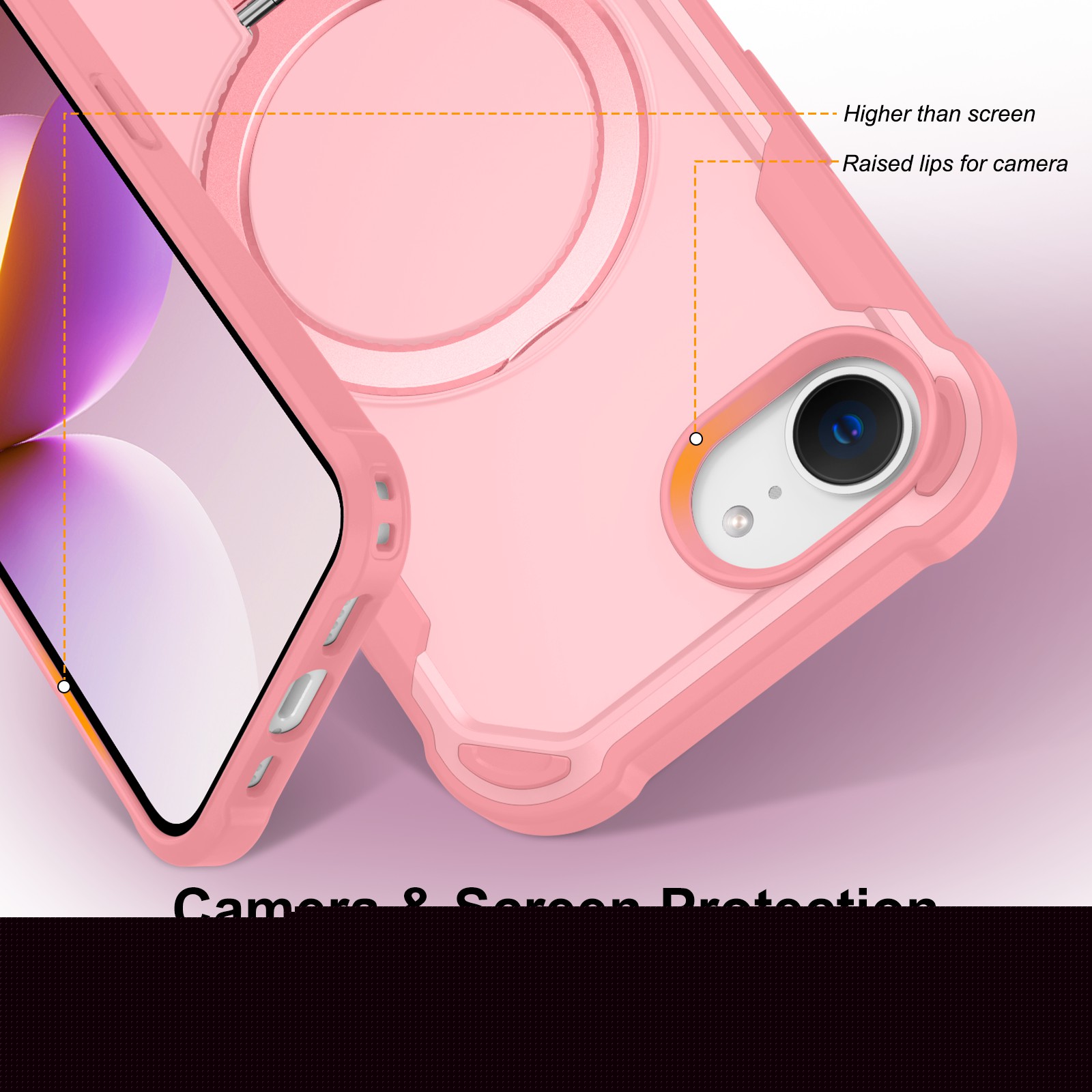 thumbnail image 3 of ELEHOLD For iPhone 16e Heavy Duty Shockproof Rugged Case Magnetic Rugged Case, MagSafe Compatible, with Invisible and Adjustable Ring Holder Stand,  Pink, 3 of 7