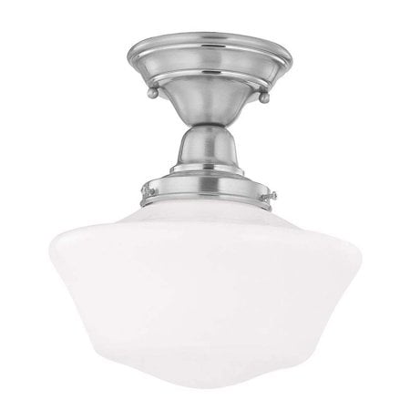 Design Classics Lighting Polished Nickel 12 Inch Schoolhouse Semi Flush Mount Ceiling Light with Milk Glass Shade