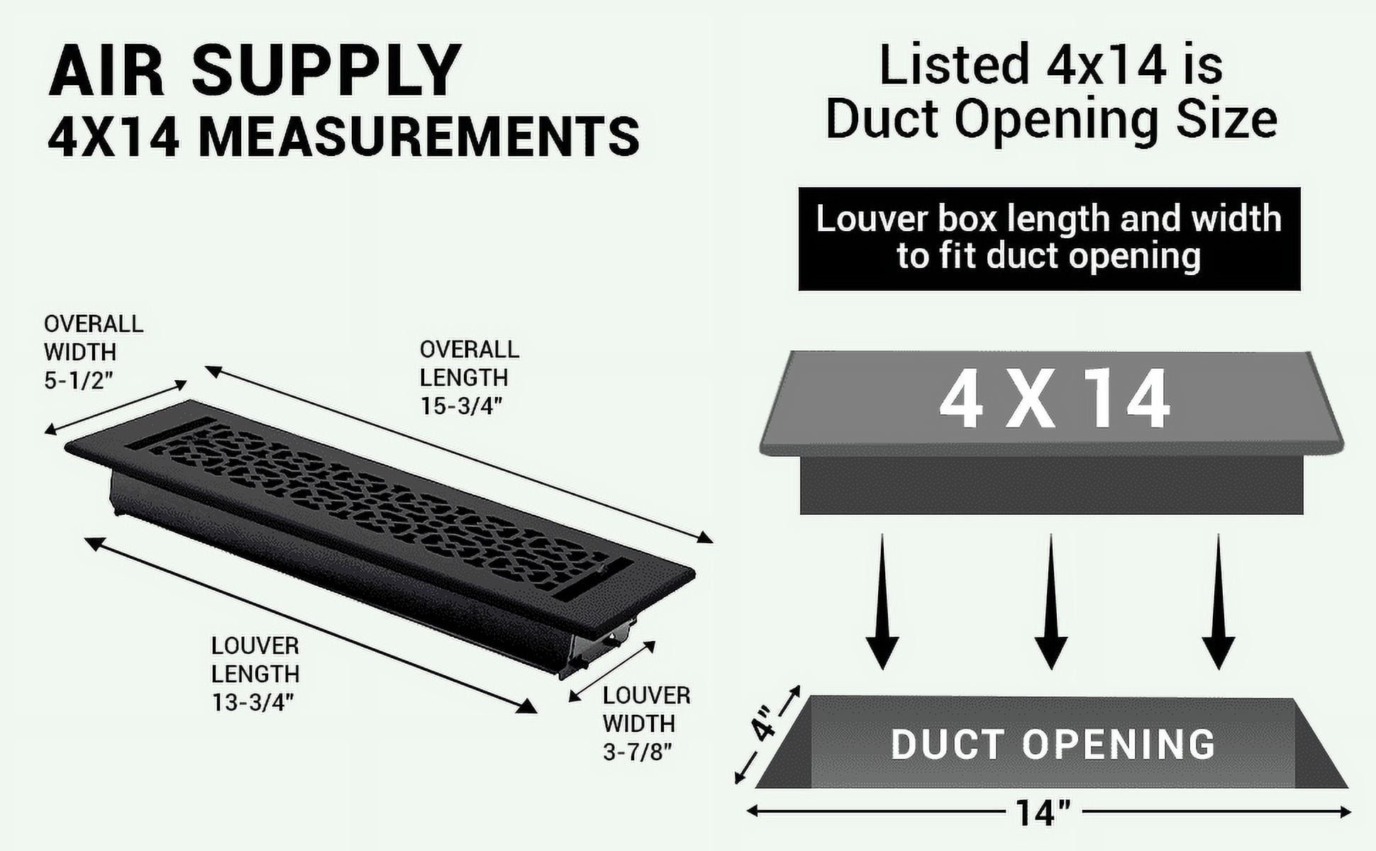 Achtek Air Supply Vent 4"x 14" Duct Opening (Overall 5-1/2"x 15-3/4") Solid Cast Aluminum Register Cover | Powder Coated
