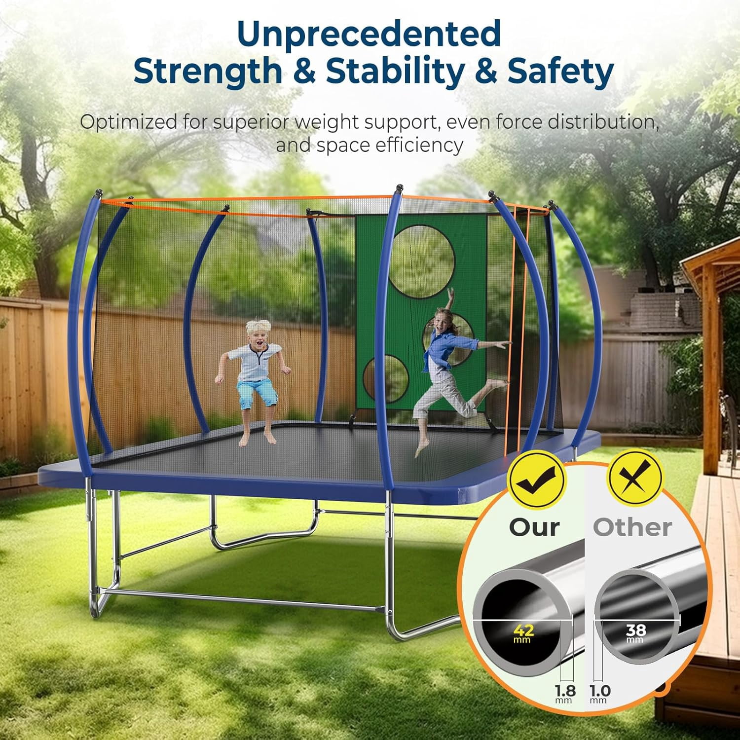 CZBZ Trampoline, 8X14FT Rectangle Trampolines with Enclosure Net for Kids and Adults, 1400LBS Outdoor Trampoline with Basketball Hoop, Ladder and AntiRust Round Backyard Rectangular Trampoline