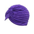 thumbnail image 4 of Pleated Velvet Turban Hat for Women - Soft Stretchy Pre-Tied Head Wrap with Top Knot, Solid Color Headscarf for Daily Wear, Chemo, or Sleep Purple, 4 of 4