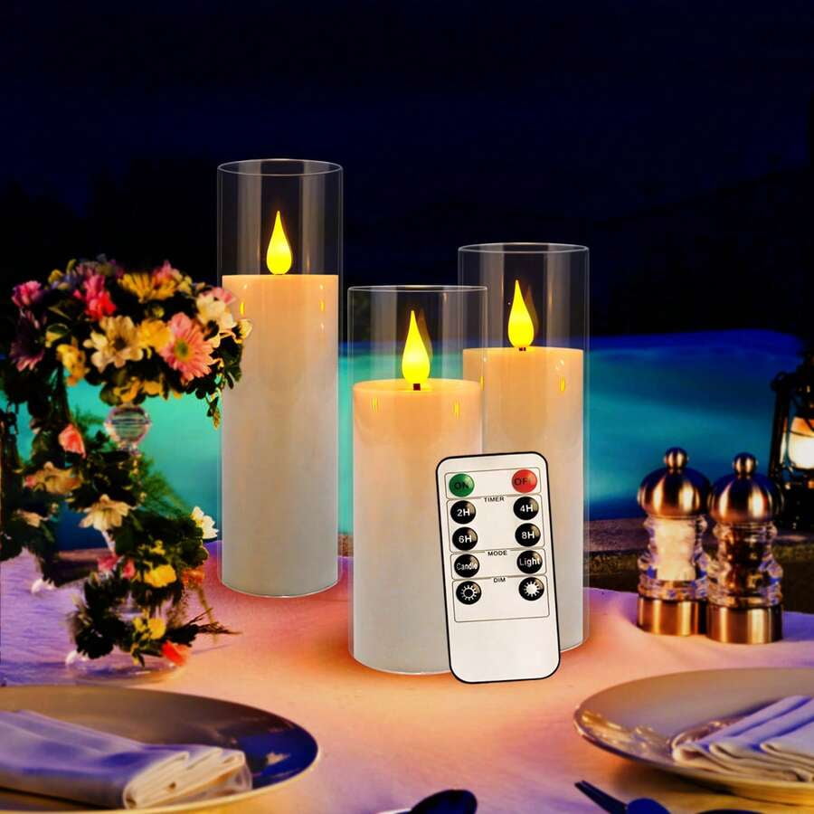 24 Acrylic Transparent Flameless LED Candle Lights, White, 3 Sizes, With Remote Control And Timing Function, Battery Powered, Adjustable Brightness, Perfect For Making Wishes