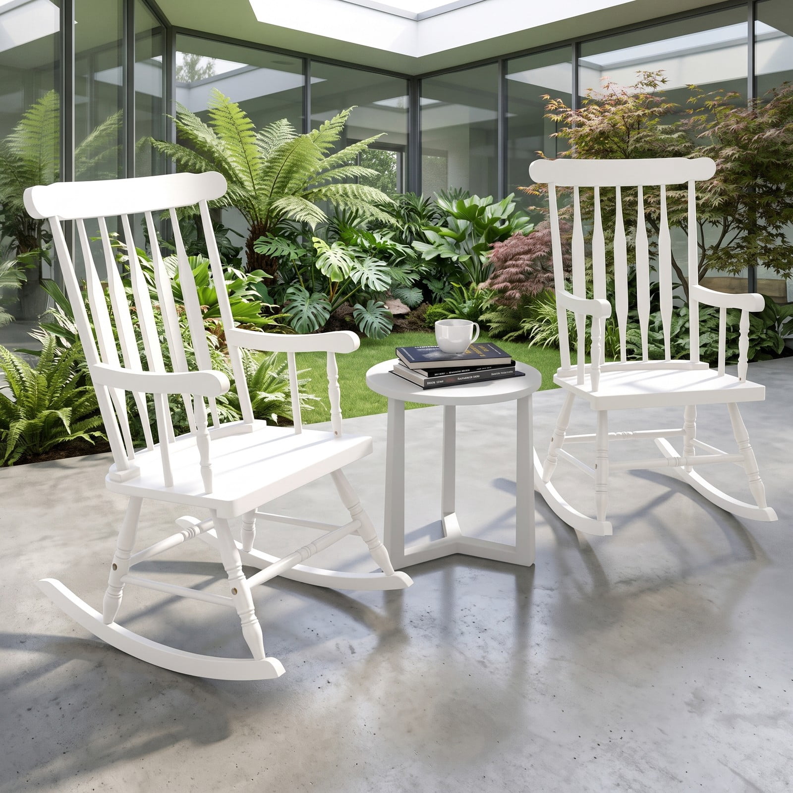 Furnibear Rocking Chair with Solid Rubber Wood Frame and Classic Spindle Back for Indoor Living Room, Front Porch and Patio, White