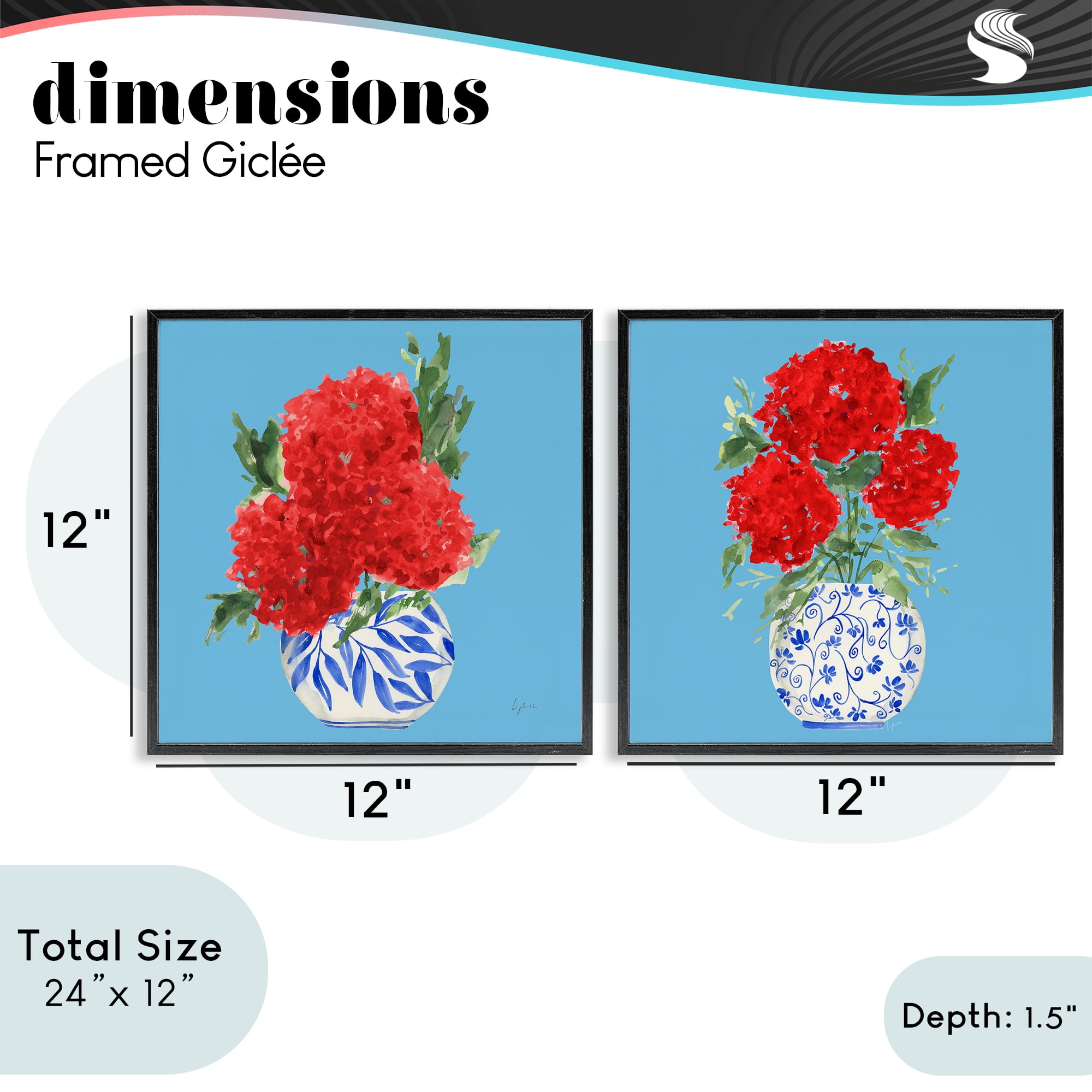 Stupell Industries Bright Red & Blue Hydrangeas 2 Piece Black Framed Giclee Art Set, design by Lucille Price