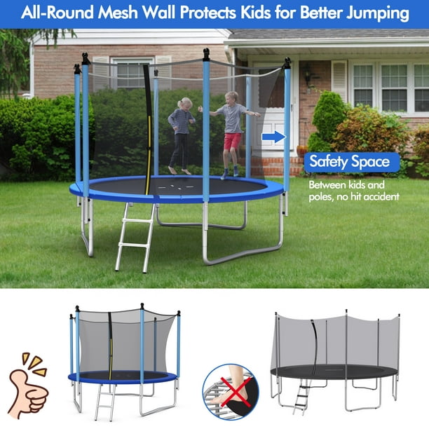 Trampoline de 14 pieds avec panier de basket et barre d'équilibre,  trampoline récréatif pour enfants, adolescents et adultes, trampoline d' extérieur approuvé ASTM avec filet et échelle 